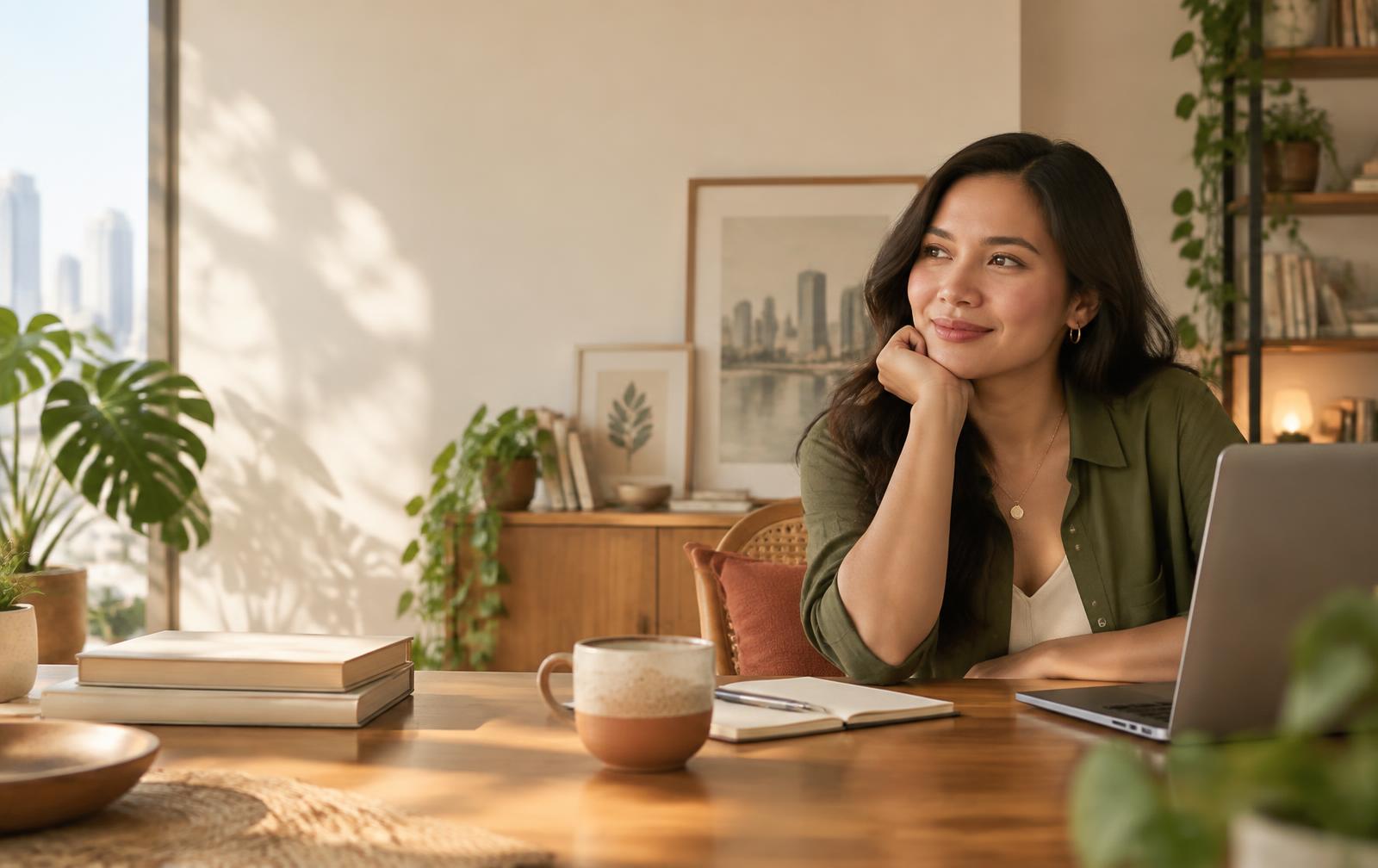 A Philippine professional working thoughtfully from a sunlit home studio